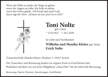 Traueranzeige von Toni Nolte von Deister- und Weserzeitung