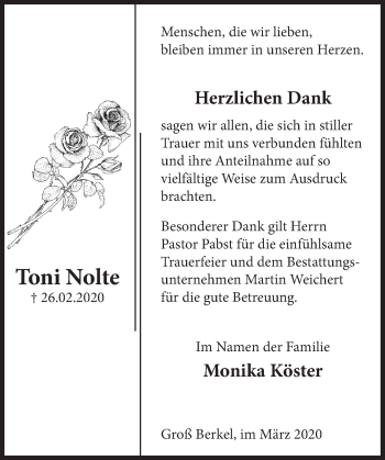 Traueranzeige von Toni Nolte von Deister- und Weserzeitung