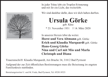 Traueranzeige von Ursula Görke von Deister- und Weserzeitung