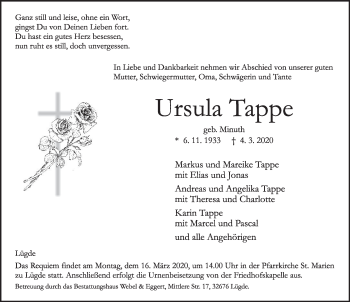 Traueranzeige von Ursula Tappe von Deister- und Weserzeitung