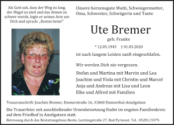 Traueranzeige von Ute Bremer von Deister- und Weserzeitung