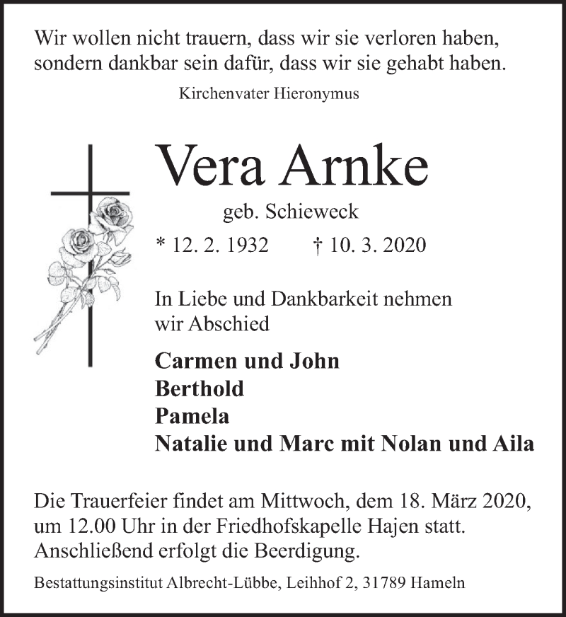  Traueranzeige für Vera Arnke vom 14.03.2020 aus Deister- und Weserzeitung