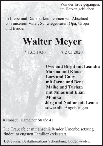 Traueranzeige von Walter Meyer von Deister- und Weserzeitung