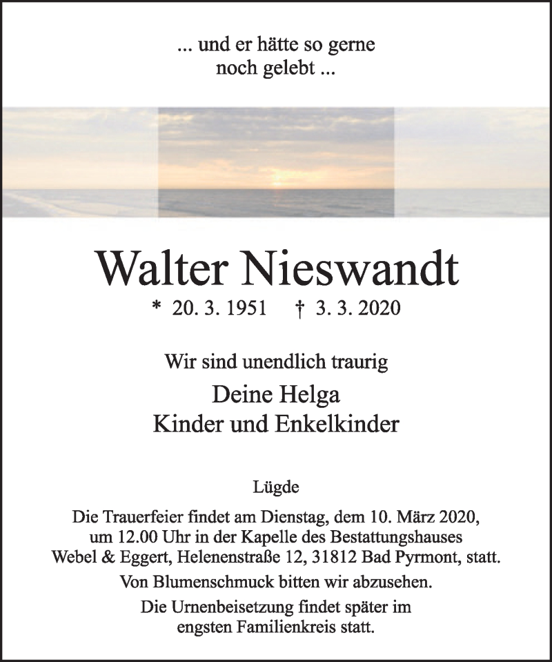  Traueranzeige für Walter Nieswandt vom 07.03.2020 aus Deister- und Weserzeitung