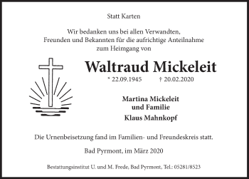 Traueranzeige von Waltraud Mickeleit von Deister- und Weserzeitung