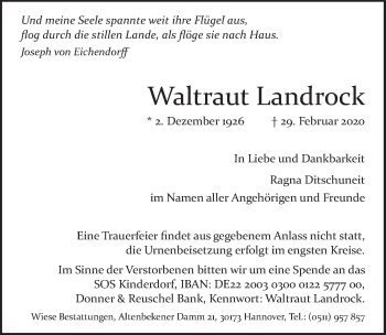 Traueranzeige von Waltraut Landrock von Neue Deister-Zeitung