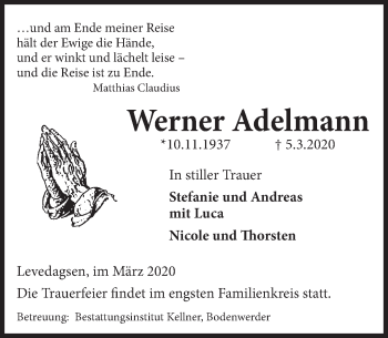 Traueranzeige von Werner Adelmann von Deister- und Weserzeitung