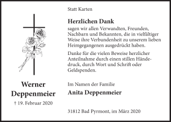Traueranzeige von Werner Deppenmeier von Deister- und Weserzeitung