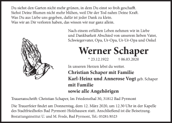 Traueranzeige von Werner Schaper von Deister- und Weserzeitung