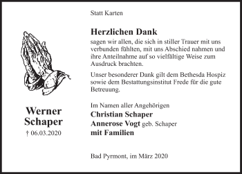 Traueranzeige von Werner Schaper von Deister- und Weserzeitung
