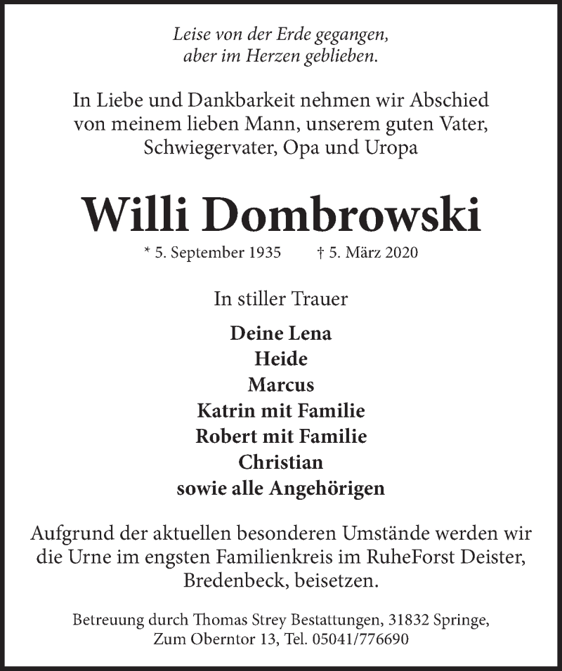  Traueranzeige für Willi Dombrowski vom 28.03.2020 aus Neue Deister-Zeitung