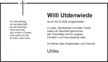 Traueranzeige von Willi Utdenwiede von Deister- und Weserzeitung