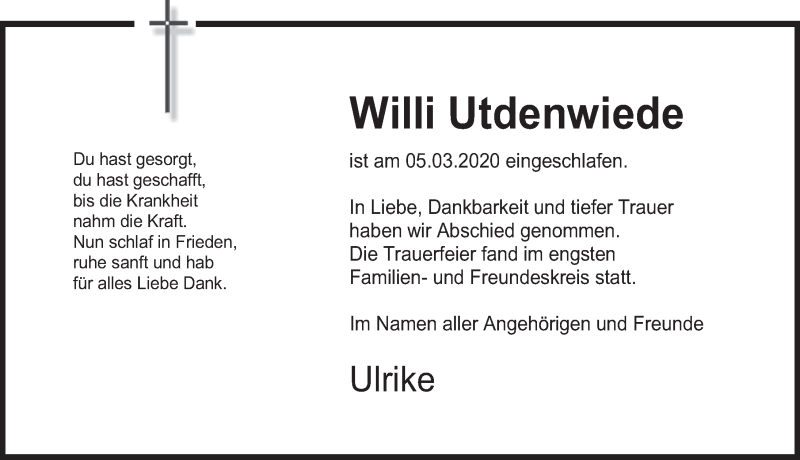  Traueranzeige für Willi Utdenwiede vom 16.03.2020 aus Deister- und Weserzeitung