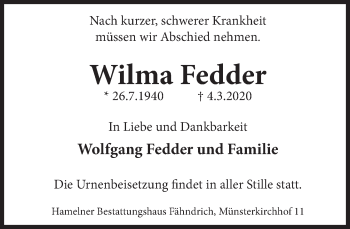 Traueranzeige von Wilma Fedder von Deister- und Weserzeitung