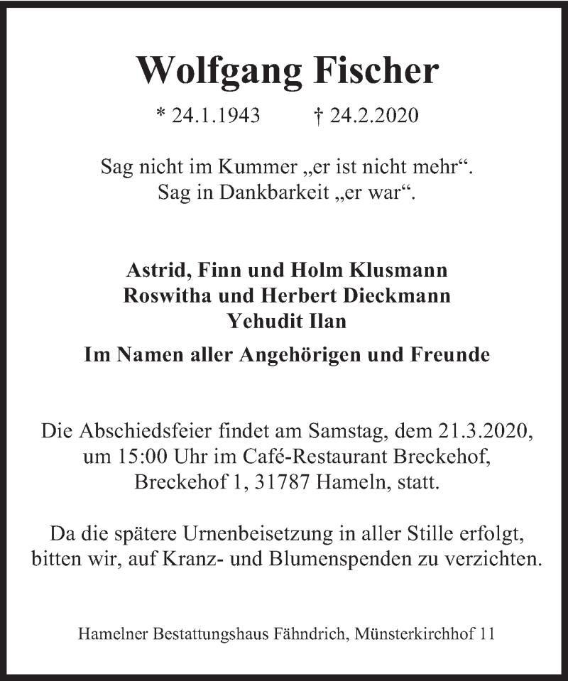  Traueranzeige für Wolfgang Fischer vom 14.03.2020 aus Deister- und Weserzeitung