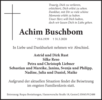 Traueranzeige von Achim Buschborn von Neue Deister-Zeitung