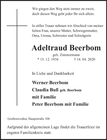 Traueranzeige von Adeltraud Beerbom von Deister- und Weserzeitung