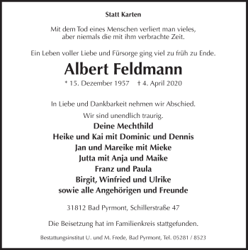 Traueranzeige von Albert Feldmann von Deister- und Weserzeitung