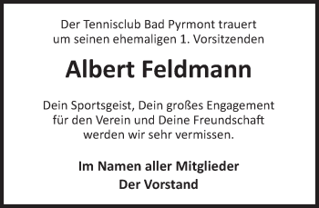 Traueranzeige von Albert Feldmann von Deister- und Weserzeitung