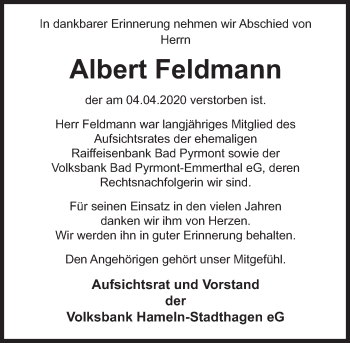 Traueranzeige von Albert Feldmann von Deister- und Weserzeitung