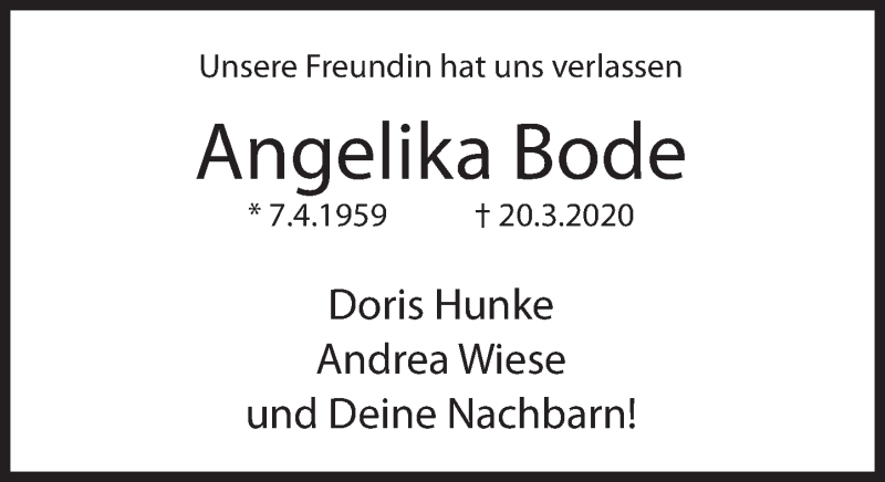  Traueranzeige für Angelika Bode vom 04.04.2020 aus Deister- und Weserzeitung