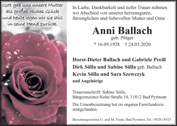 Traueranzeige von Anni Ballach von Deister- und Weserzeitung