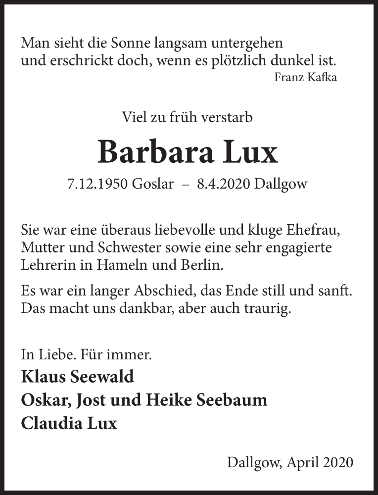  Traueranzeige für Barbara Lux vom 25.04.2020 aus Deister- und Weserzeitung
