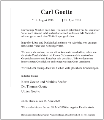 Traueranzeige von Carl Goette von Deister- und Weserzeitung