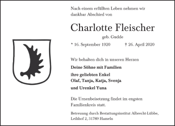 Traueranzeige von Charlotte Fleischer von Deister- und Weserzeitung