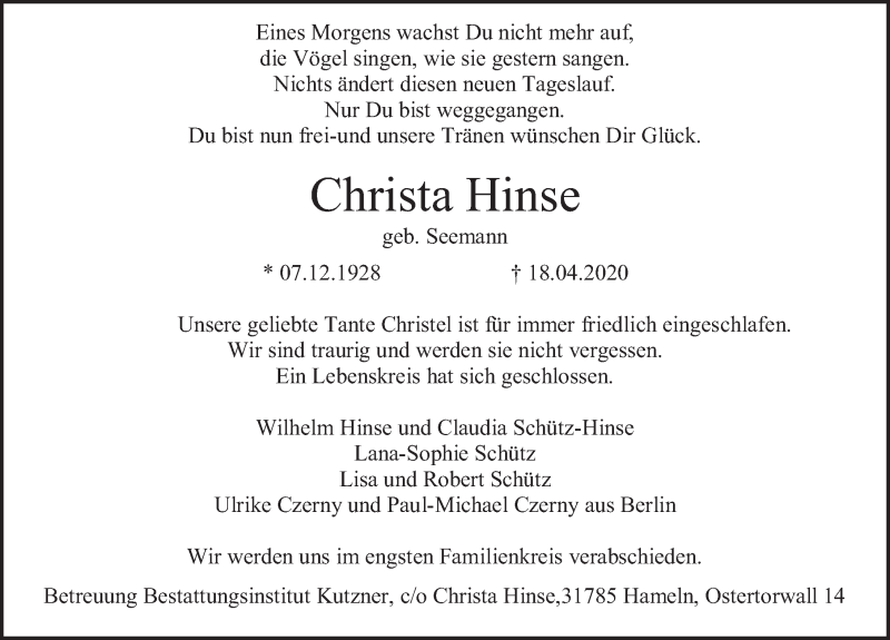  Traueranzeige für Christa Hinse vom 25.04.2020 aus Deister- und Weserzeitung