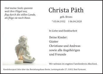 Traueranzeige von Christa Päth von Deister- und Weserzeitung