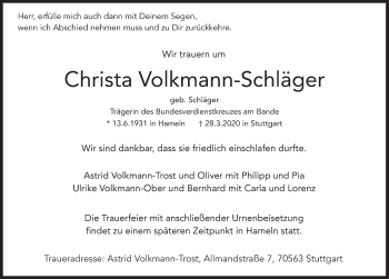 Traueranzeige von Christa Volkmann-Schläger von Deister- und Weserzeitung