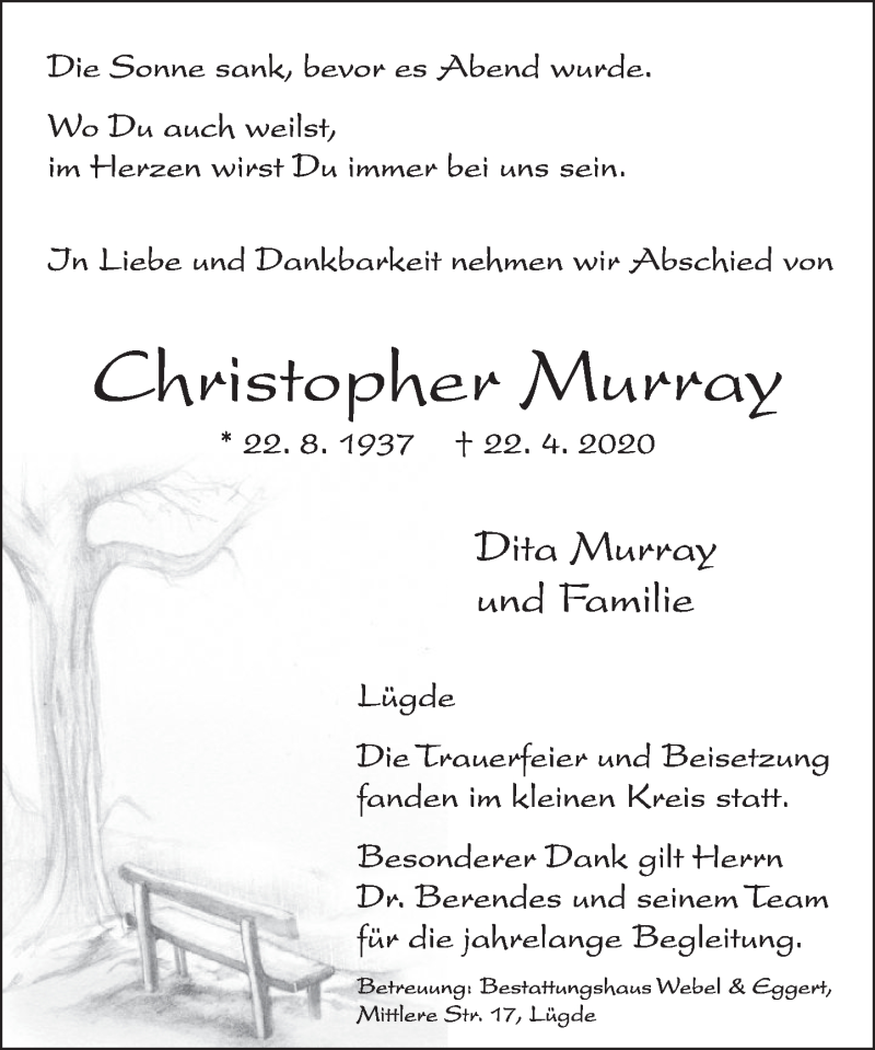  Traueranzeige für Christopher Murray vom 02.05.2020 aus Deister- und Weserzeitung