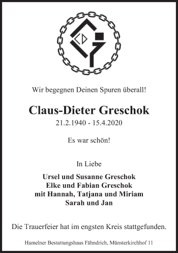 Traueranzeige von Claus-Dieter Greschok von Deister- und Weserzeitung
