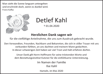 Traueranzeige von Detlef Kahl von Deister- und Weserzeitung
