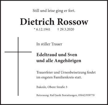 Traueranzeige von Dietrich Rossow von Neue Deister-Zeitung