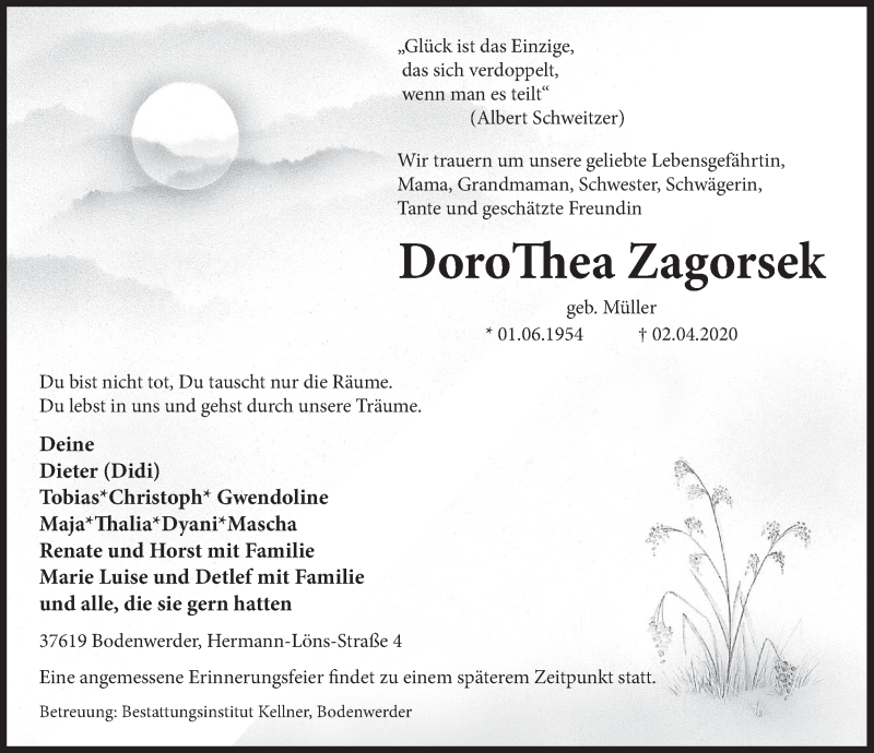  Traueranzeige für DoroThea Zagorsek vom 11.04.2020 aus Deister- und Weserzeitung