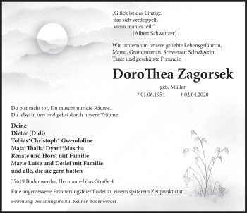 Traueranzeige von DoroThea Zagorsek von Deister- und Weserzeitung