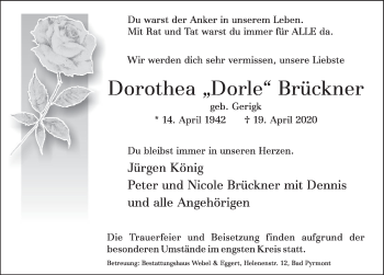 Traueranzeige von Dorothea  Brückner von Deister- und Weserzeitung