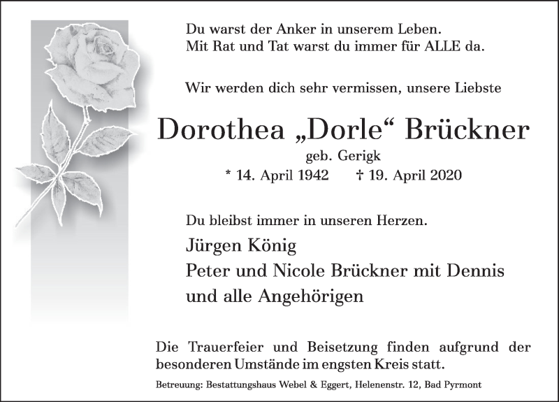  Traueranzeige für Dorothea  Brückner vom 24.04.2020 aus Deister- und Weserzeitung