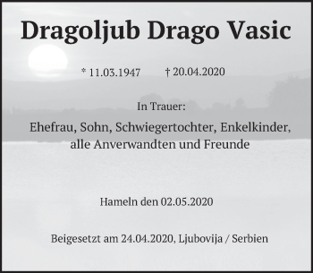Traueranzeige von Dragoljub Drago Vasic von Deister- und Weserzeitung