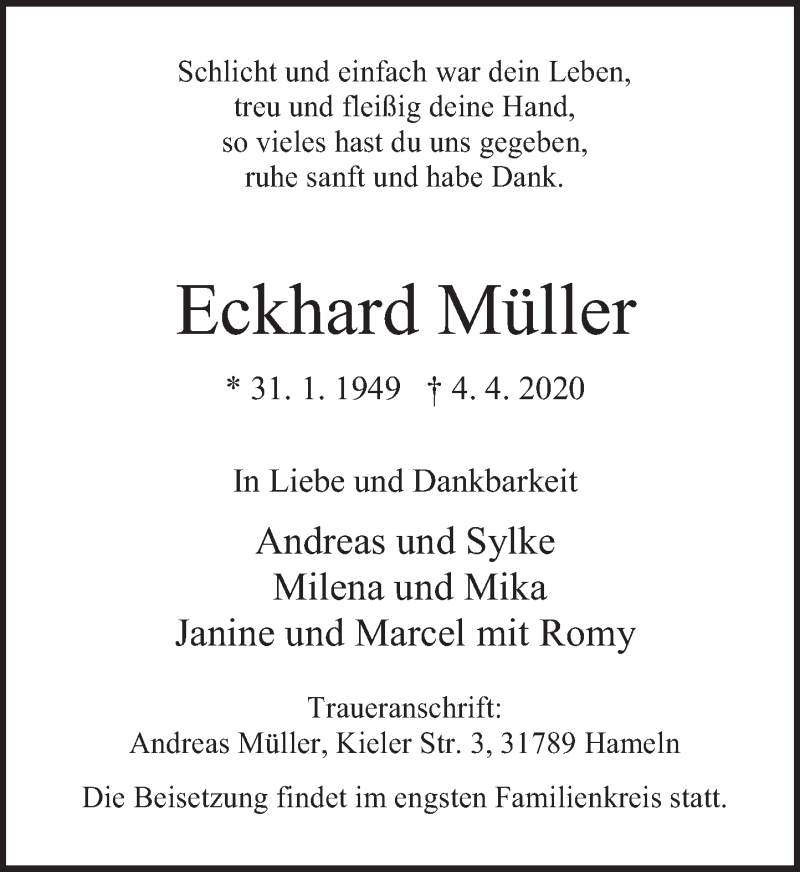  Traueranzeige für Eckhard Müller vom 11.04.2020 aus Deister- und Weserzeitung