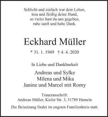Traueranzeige von Eckhard Müller von Deister- und Weserzeitung