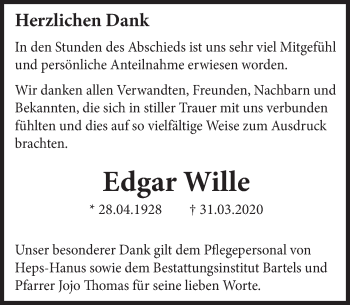Traueranzeige von Edgar Wille von Deister- und Weserzeitung