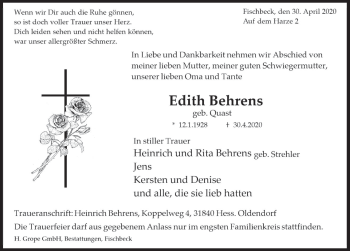 Traueranzeige von Edith Behrens von Deister- und Weserzeitung