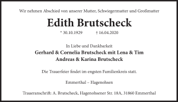 Traueranzeige von Edith Brutscheck von Deister- und Weserzeitung