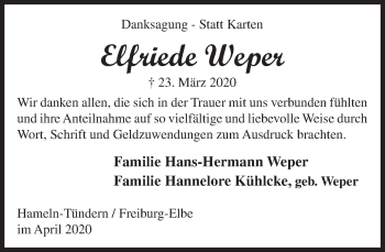 Traueranzeige von Elfriede Weper von Deister- und Weserzeitung