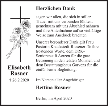 Traueranzeige von Elisabeth Rosner von Deister- und Weserzeitung