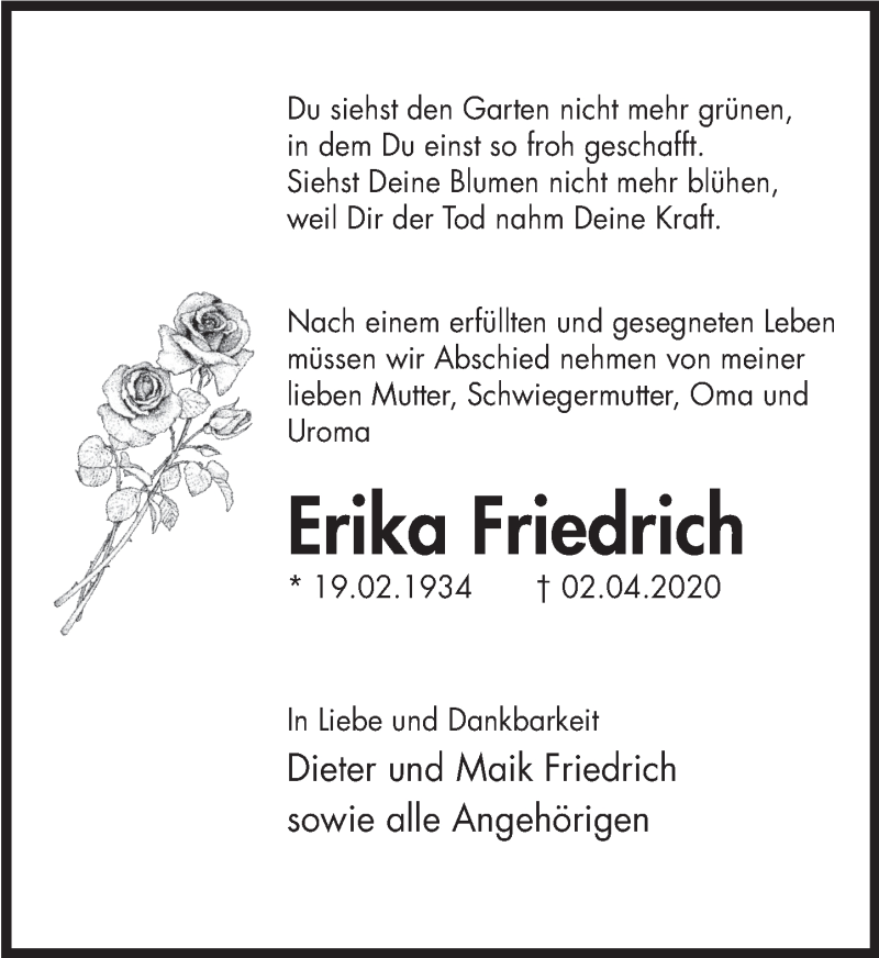  Traueranzeige für Erika Friedrich vom 17.04.2020 aus Deister- und Weserzeitung