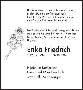 Traueranzeige von Erika Friedrich von Deister- und Weserzeitung
